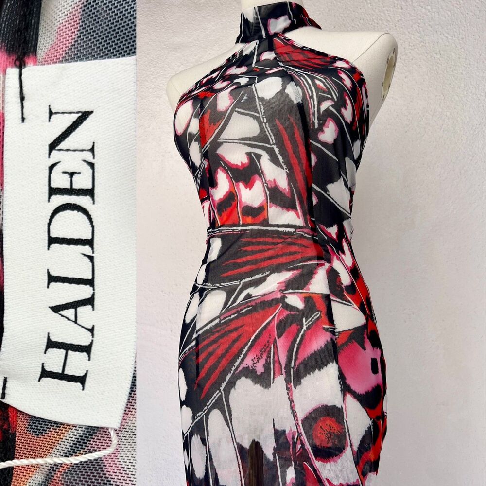NWT HALDEN London Psychedelic Butterfly Stretch Mesh Halter Bodycon Maxi Dress